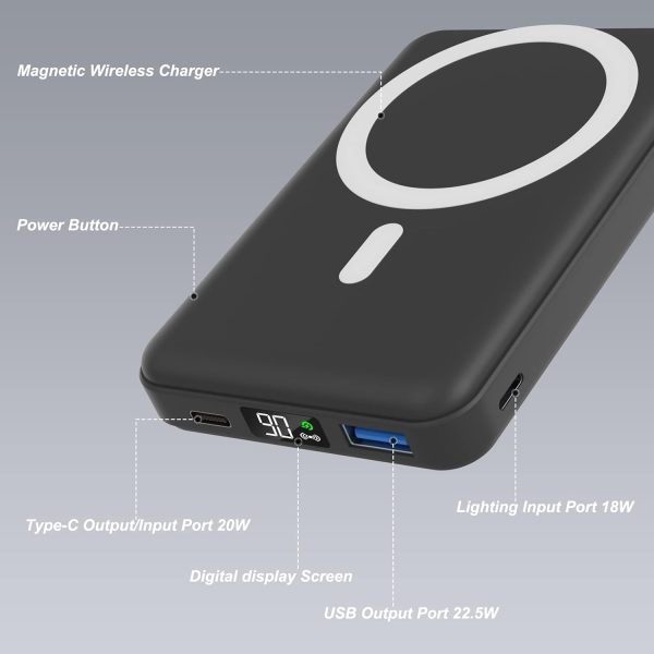 AOGUERBE Magnetic Power Bank, 10000mAh Foldable Wireless Portable Charger with USB-C Cable LED Display, for Mag-Safe Battery Pack 22.5W PD Fast Charging for iPhone 16/15/14/13/12 Pro/Pro Max/Plus/Mini - Image 2