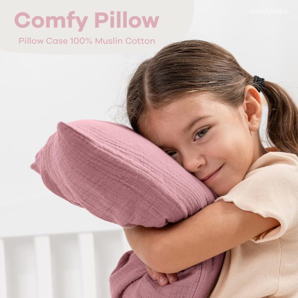 Comfy Cubs Toddler Pillow with Soft Muslin Pillowcase, 13"x18" - Kids Pillow for Sleeping & Travel - Adorable & Comfortable Small Pillow - Kids Travel Pillow with Breathable Microfiber Fill, Mauve - Image 3