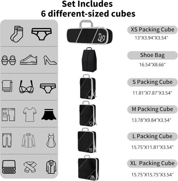 Compression Packing Cubes for Travel, 6 Set Packing Cubes for Travel Essentials, Ultralight Suitcase Organiser Bags Set for Travel, Expandable Luggage Travel Bags for Carry-on Luggage Suitcase (Black) - Image 2