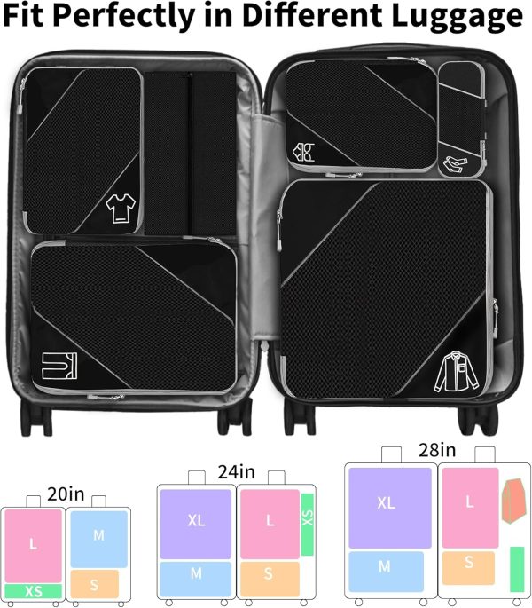 Compression Packing Cubes for Travel, 6 Set Packing Cubes for Travel Essentials, Ultralight Suitcase Organiser Bags Set for Travel, Expandable Luggage Travel Bags for Carry-on Luggage Suitcase (Black) - Image 6