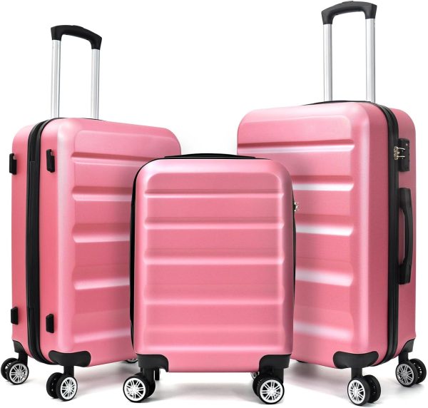 3 Piece Luggage Sets,Hardshell 3pcs Suitcase Sets,Hardshell Luggage Sets with Spinner Wheels,Lightweight Travel Checked Luggage Sets,20in/24in/28in,Pink