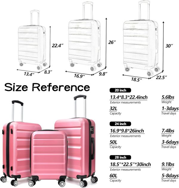 3 Piece Luggage Sets,Hardshell 3pcs Suitcase Sets,Hardshell Luggage Sets with Spinner Wheels,Lightweight Travel Checked Luggage Sets,20in/24in/28in,Pink - Image 7