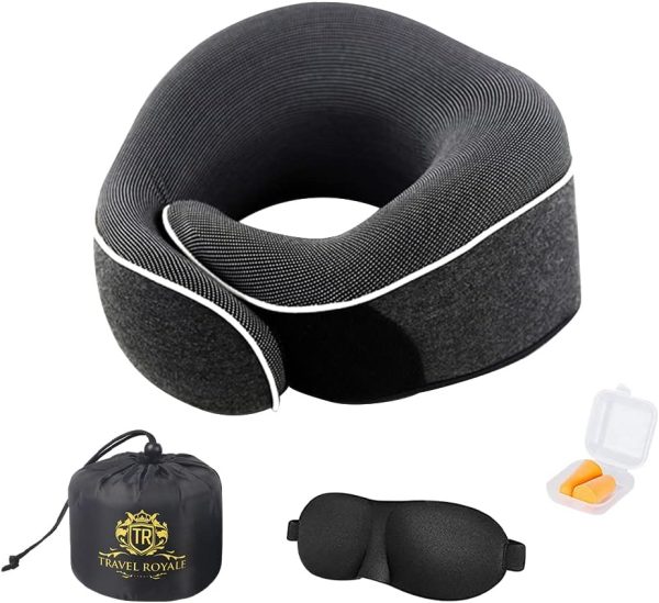 Neck Pillow Head, Chin, Neck 360° Support Pillow Adjustable 100% Pure Memory Foam Pillow for Airplanes, Car & Home, Ergonomic Design Full Neck Surround Bundle Eyecover & Earplugs (Black)