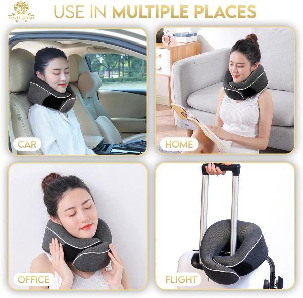 Neck Pillow Head, Chin, Neck 360° Support Pillow Adjustable 100% Pure Memory Foam Pillow for Airplanes, Car & Home, Ergonomic Design Full Neck Surround Bundle Eyecover & Earplugs (Black) - Image 2